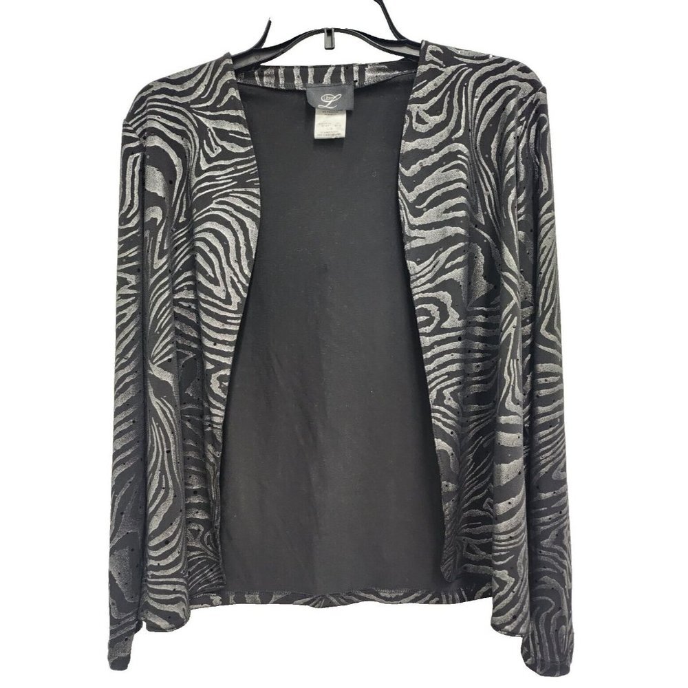 Libra Womens Jacket‎ Large Black Zebra Print Open Front Slinky Knit Long Sleeve